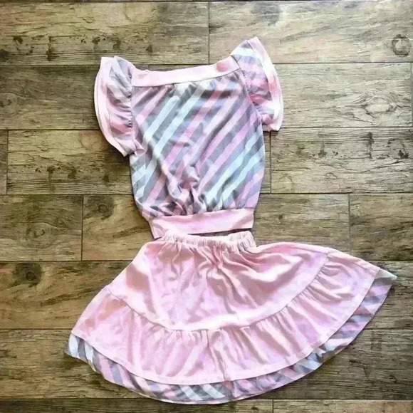 VTG 80s gray white pink swirl stripes skirt top set girls best fit size 8-10 - Picture 1 of 5